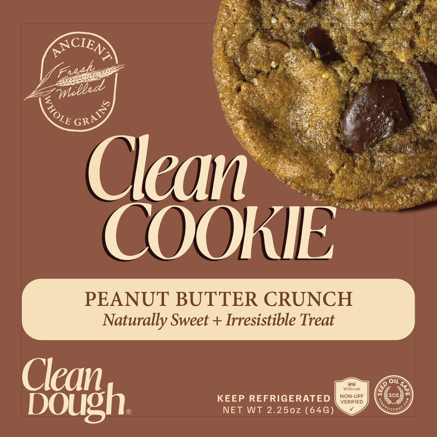Clean Cookie Peanut Butter Crunch packaging with a cookie image on a brown background