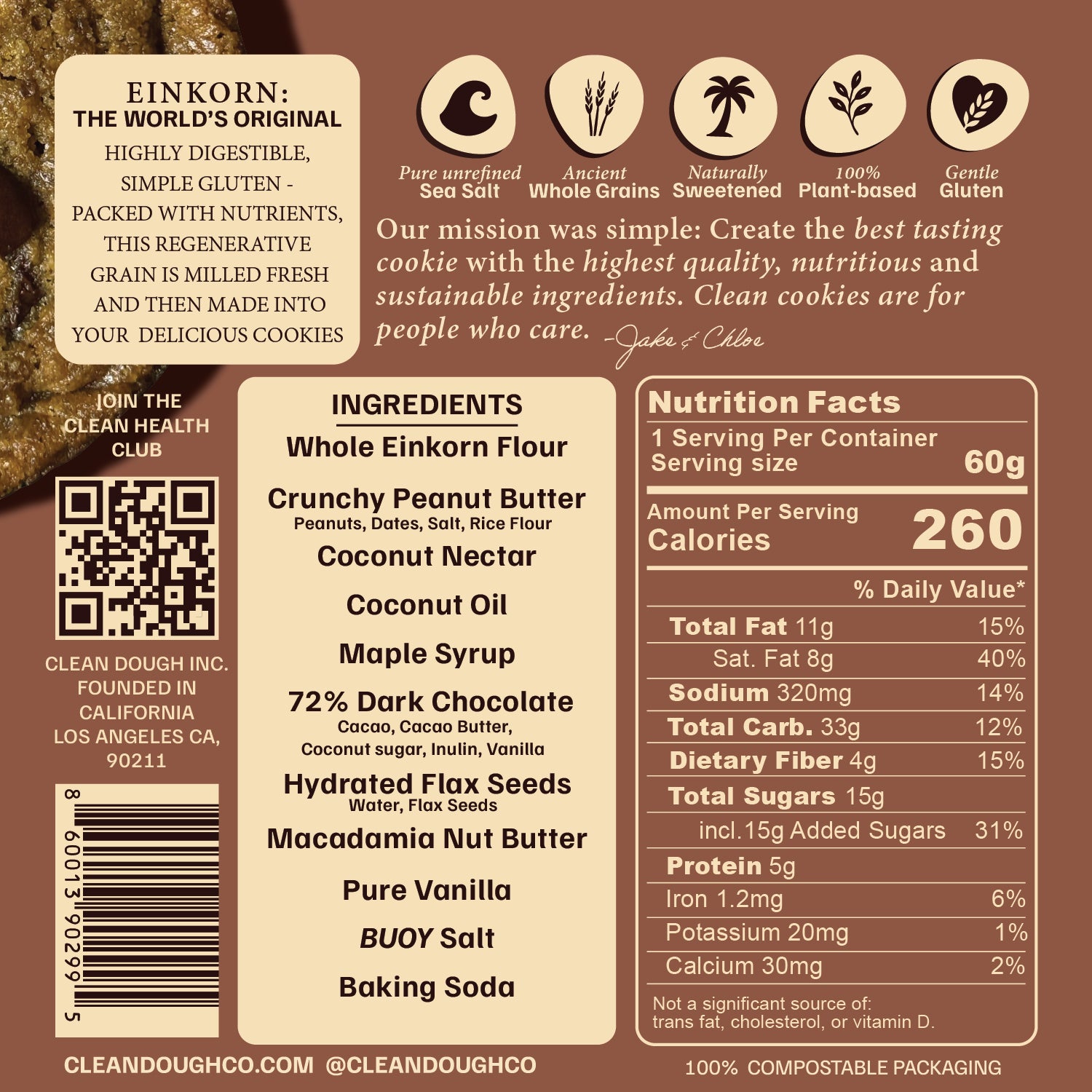 Back of a cookie package with Einkorn flour, ingredients, nutrition facts, and branding information.
