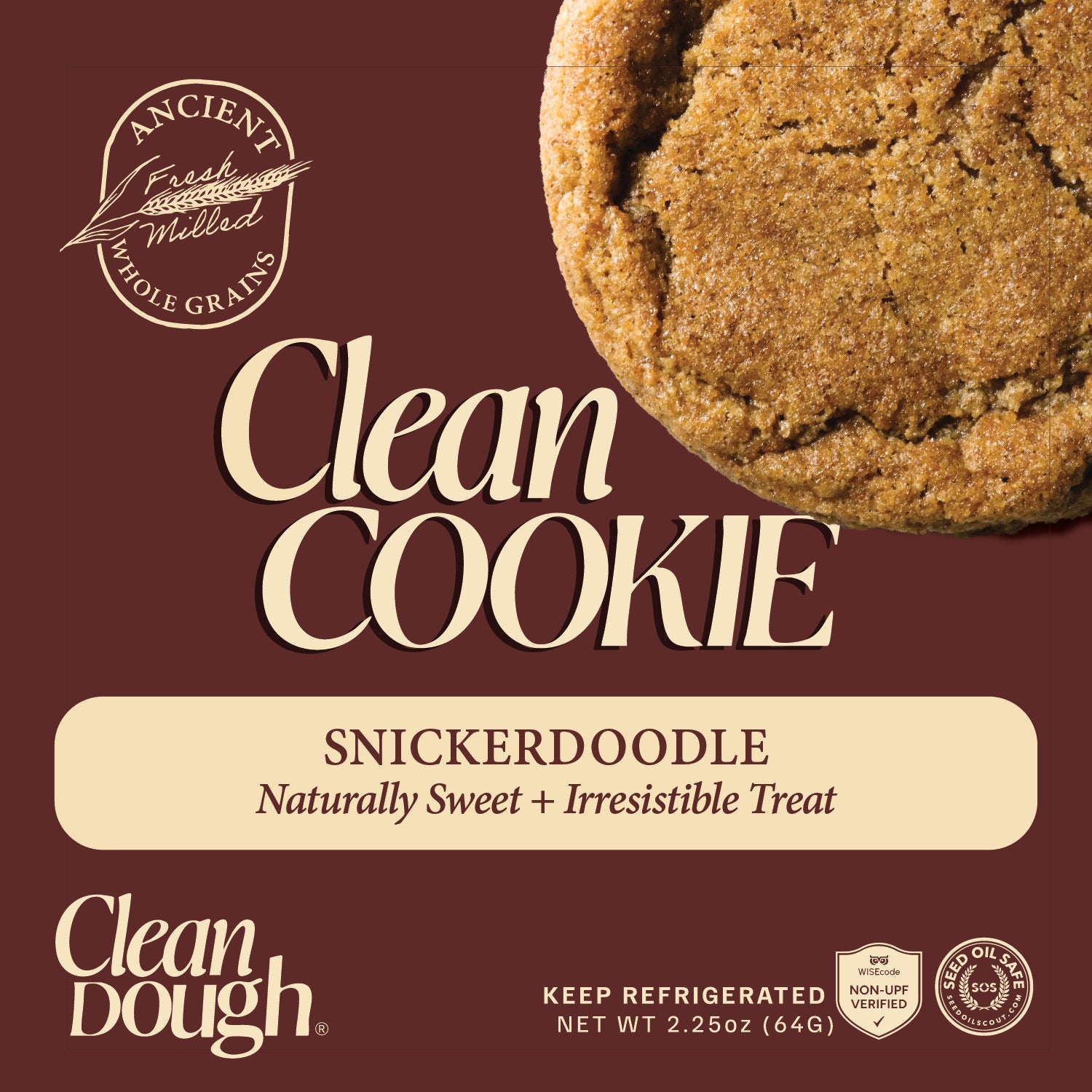 Clean Cookie Snickerdoodle packaging with a cookie on a brown background