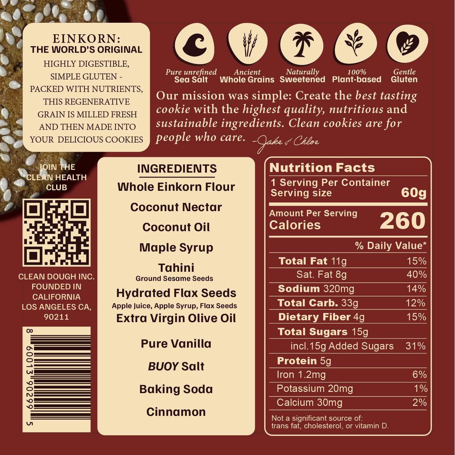Back of a cookie package with Einkorn flour, coconut, maple syrup, and other ingredients listed.