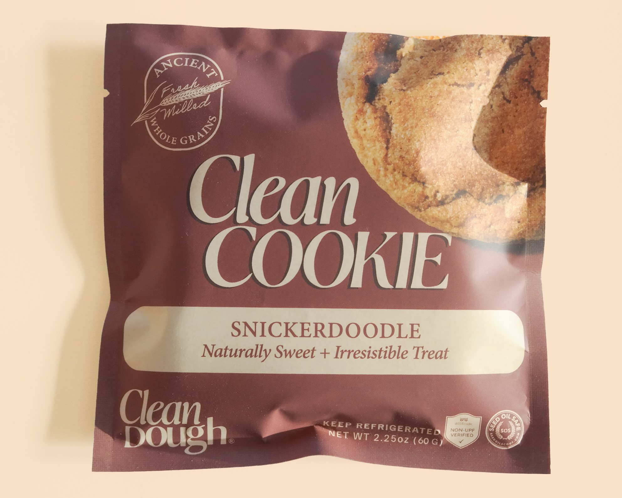 Clean Cookie Snickerdoodle package on a beige background