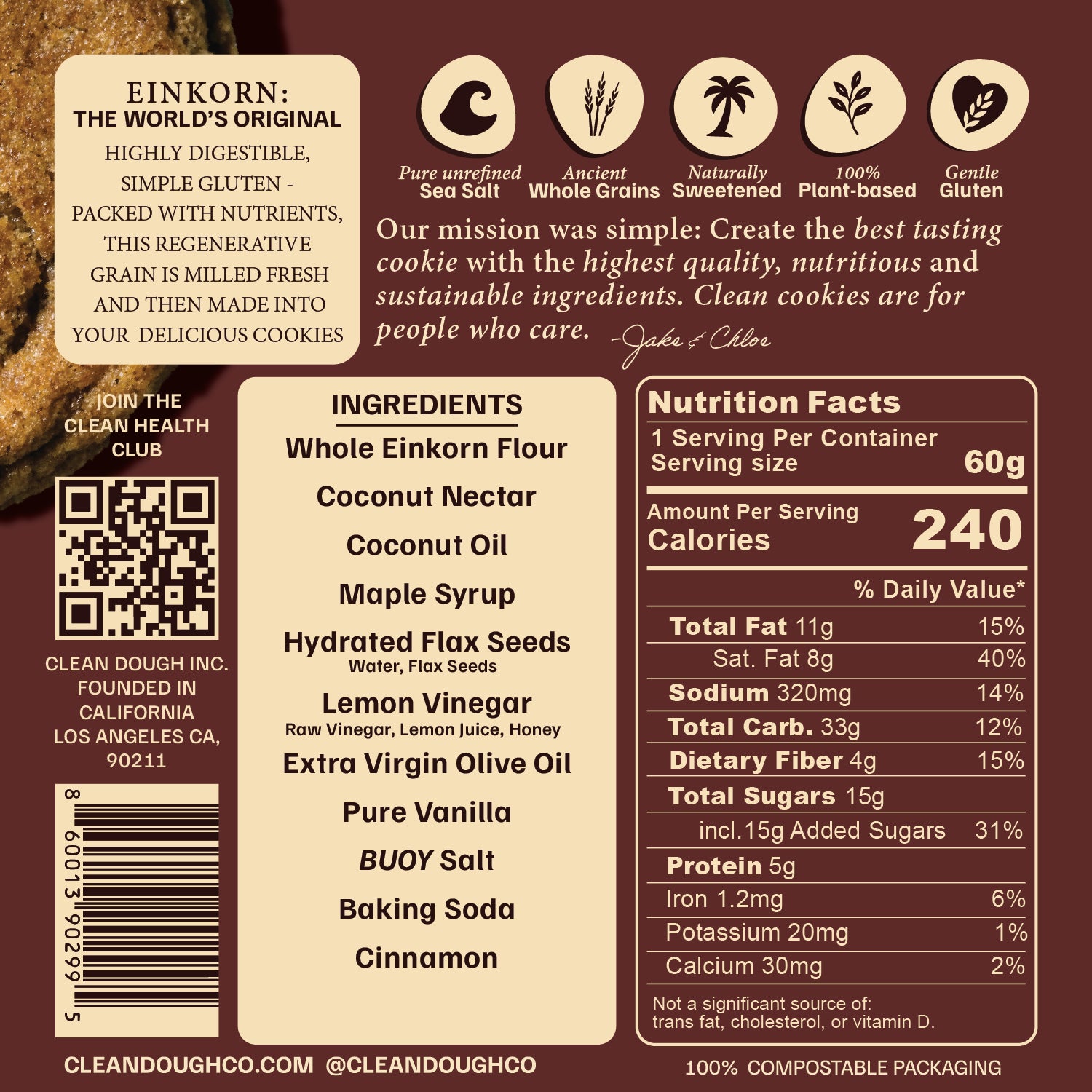Back of a cookie package with Einkorn flour ingredients and nutrition facts.