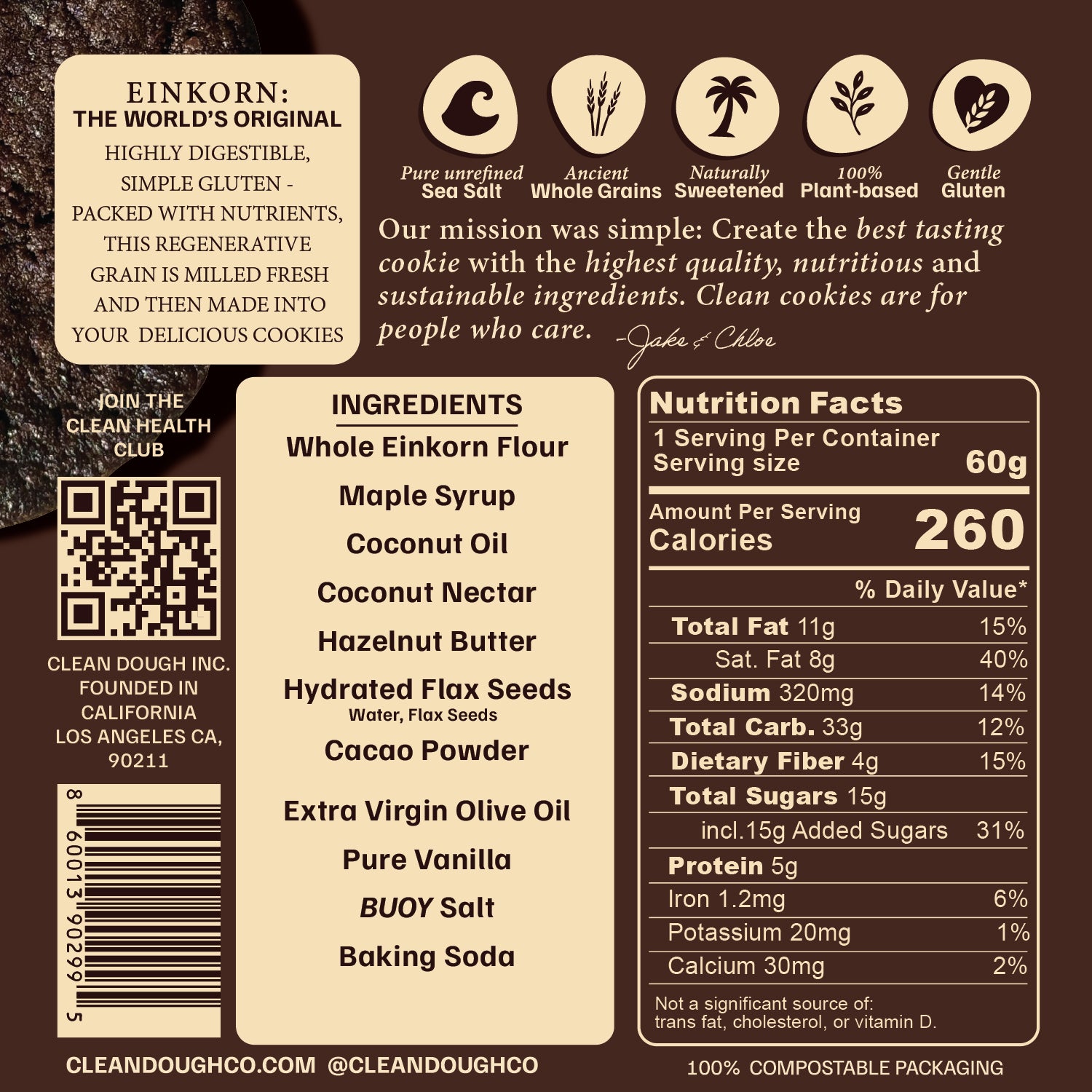 Back of a cookie package with ingredients, nutrition facts, and branding information.