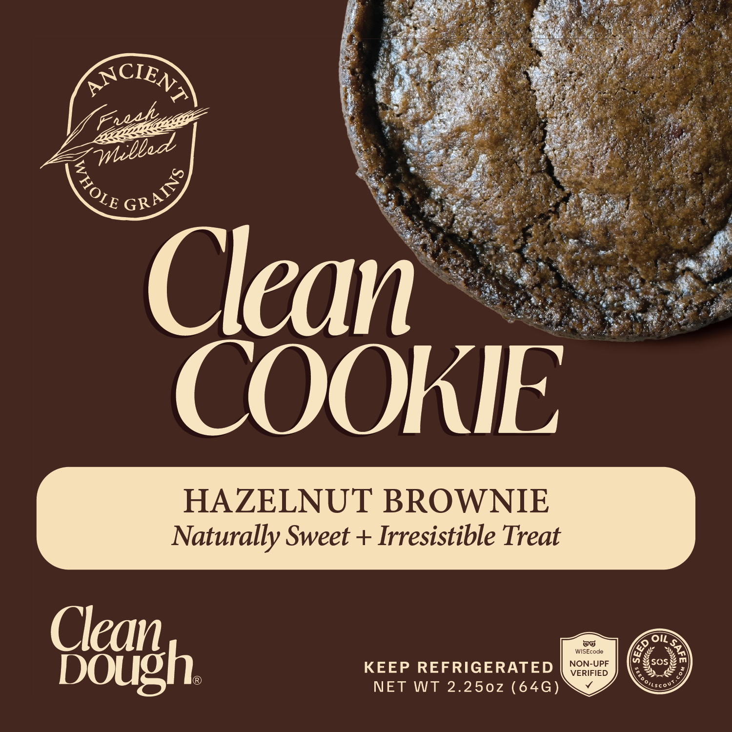 Clean Cookie Hazelnut Brownie packaging with a brown background